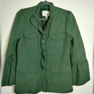 Hinge (Size S) Army Green Stretch Ruffle Trim Full Zip LS Casual Utility Jacket